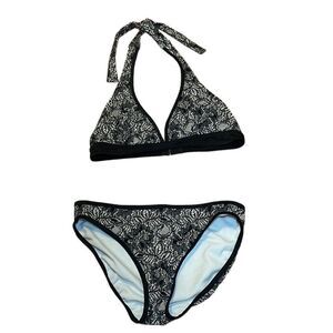 Spiegel Swim Bikini, black floral faux lace, halter top, scoop bottom, 10